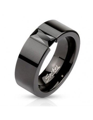 HommeBijoux Bague de fiançailles anneau femme homme acier noir et pierre noire Taille de bague ∅ - FR 49-50 (US 5)