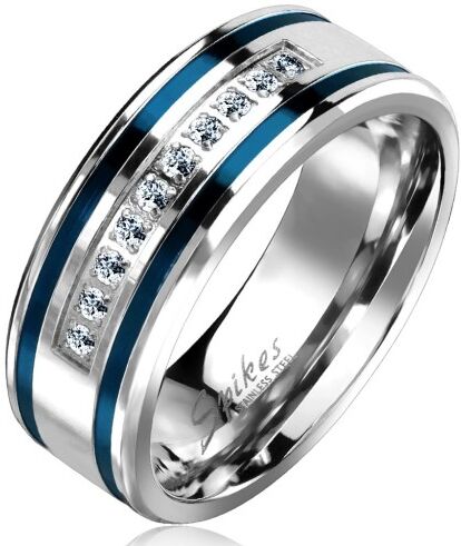 HommeBijoux Bague anneau de fiançailles promesse homme acier lignes bleues zircons Taille de bague ∅ - FR 59-60 (US 9)