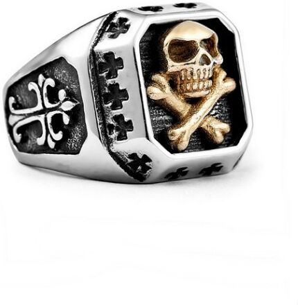 HommeBijoux Bague chevalière homme acier tête de mort or croix templiers biker Taille de bague ∅ - FR 62-63 (US 10)