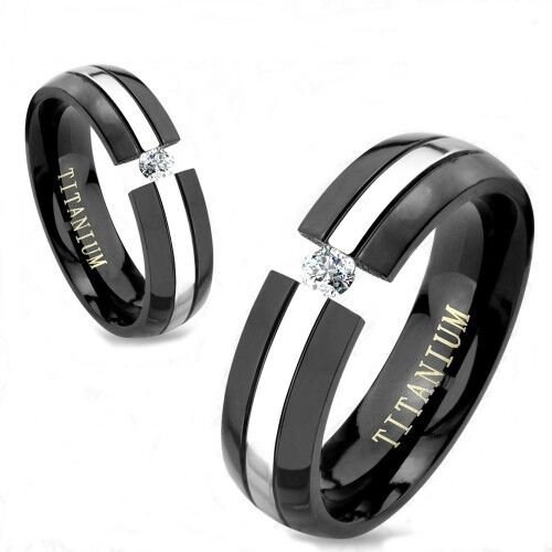 HommeBijoux Bague anneau fiançailles homme femme titane noire argent pierre zircon Taille de bague ∅ - FR 57-58 (US 8)