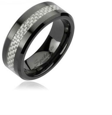 HommeBijoux Bague anneau homme en céramique noire et bande fibre de carbone damier Taille de bague ∅ - FR 70-71 (US 13)