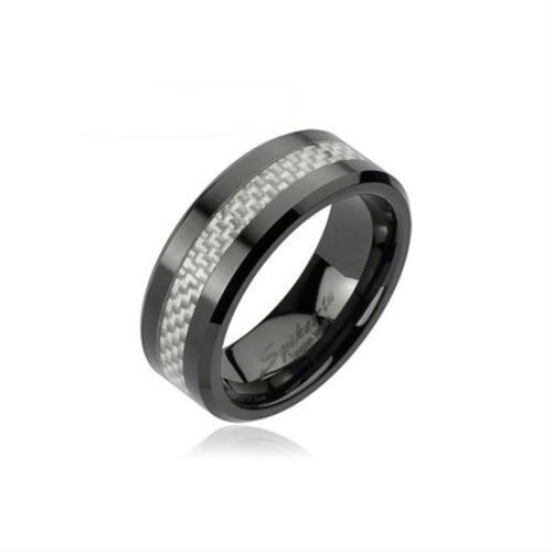HommeBijoux Bague anneau homme en céramique noire et bande fibre de carbone damier Taille de bague ∅ - FR 59-60 (US 9)