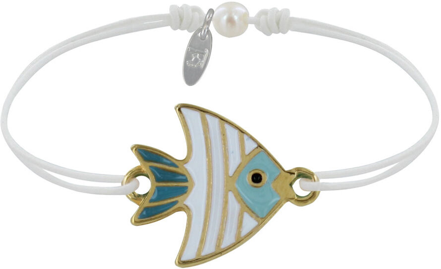 LES POULETTES BIJOUX Bracelet Lien Médaille en Laiton Poisson Émaillée Blanche et Turquoise - Blanc