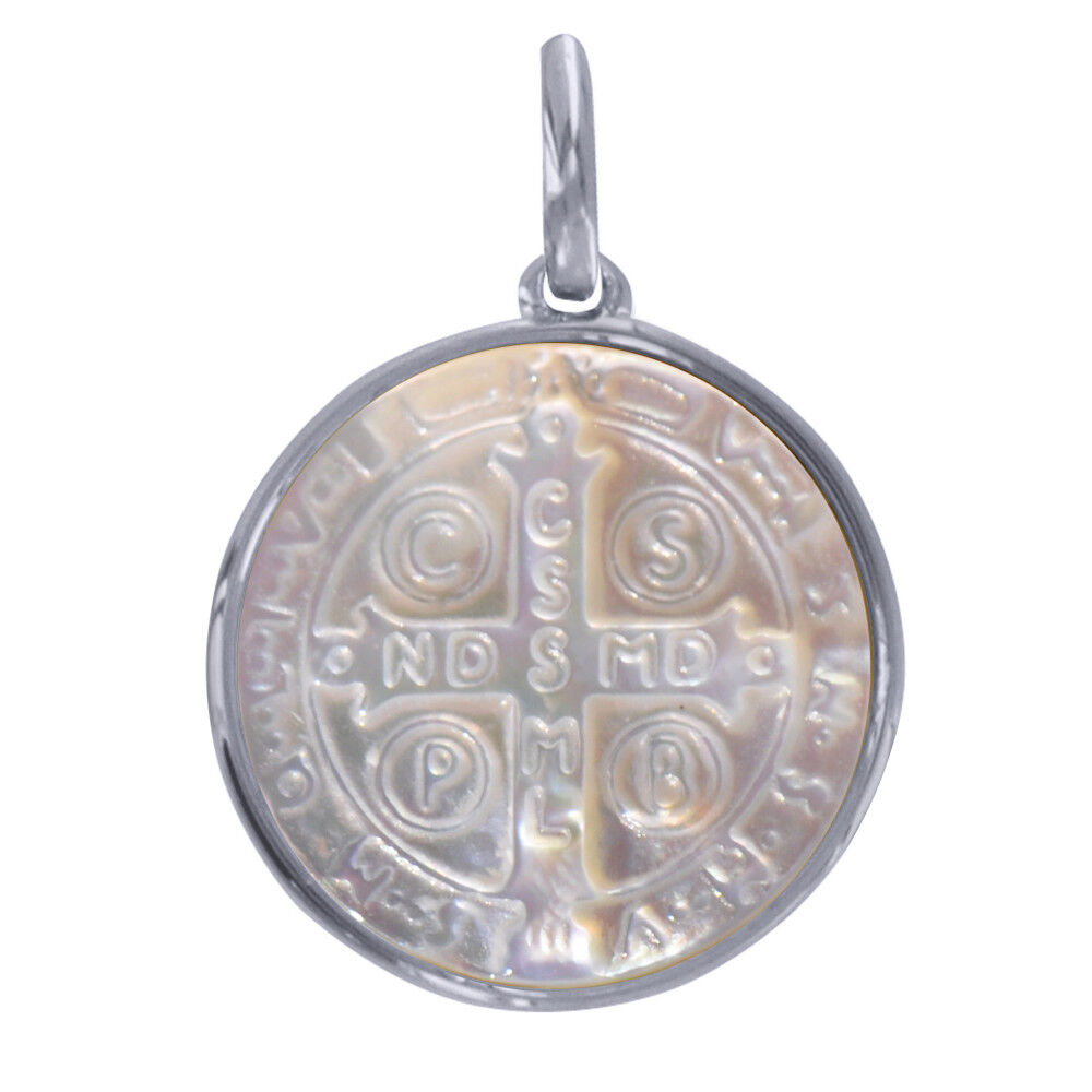 LES POULETTES BIJOUX Pendentif Argent Rhodié et Nacre Médaille Ronde Croix de Saint Benoit