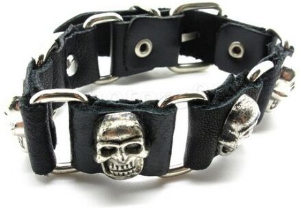 UrbanBijoux BRACELET HOMME CUIR TETE DE MORT FRANKENSTEIN ACIER AJUSTABLE GOTHIQUE BIKER NEUF