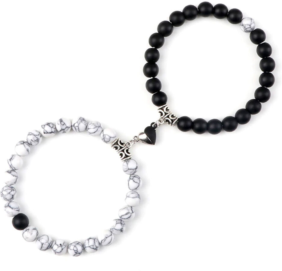 France Minéraux Bracelets de Couple - Coeur Yin-Yang - Howlite et Onyx mat - 19cm