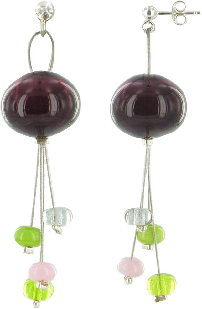 Les Poulettes Bijoux Boucles d'Oreilles Bouquet de Verre Aubergine et ses Tiges de Perles