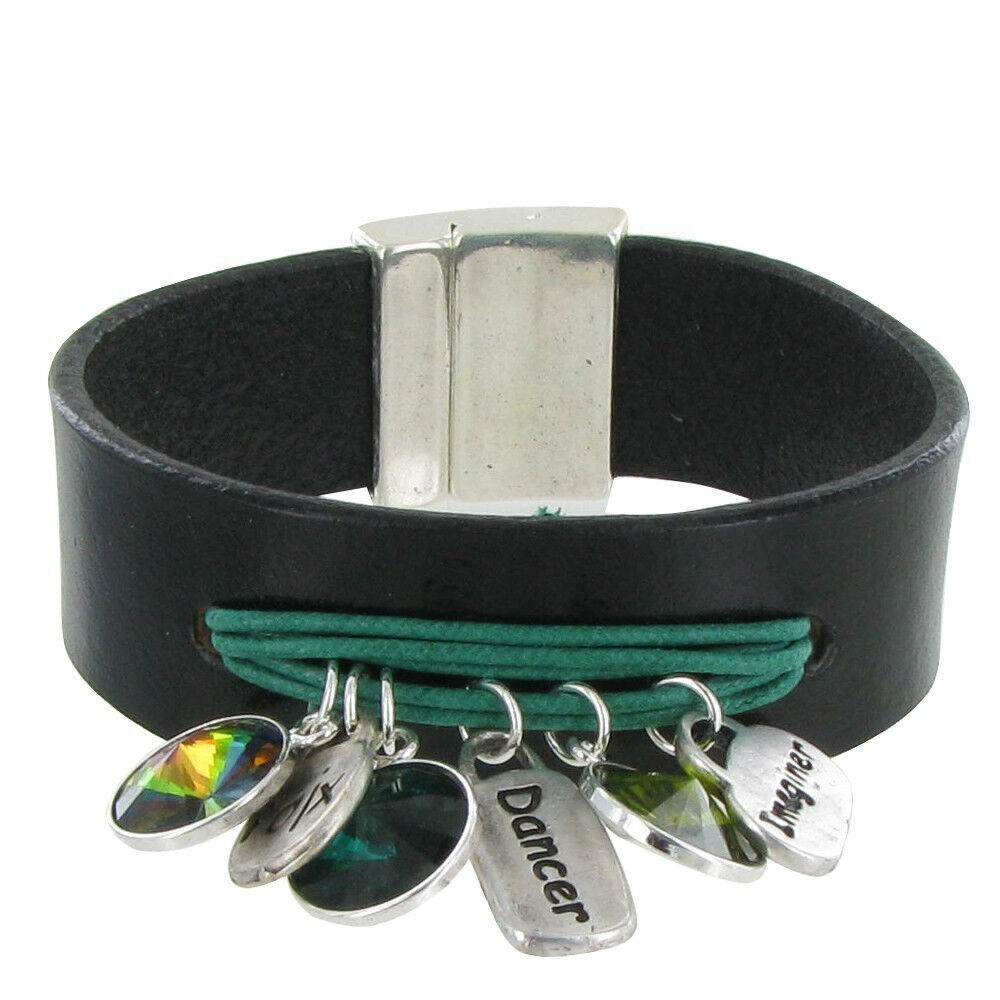 Les Poulettes Bijoux Bracelet Cuir Noir Swarovski Multi Breloques et Coton - Colors - Vert