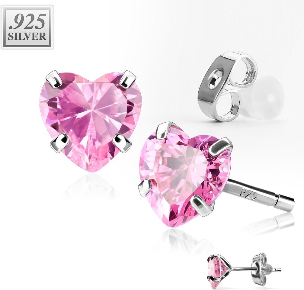 Piercing Street Paire Boucles d'oreille Clous Argent Pierre Coeur Rose - Argenté