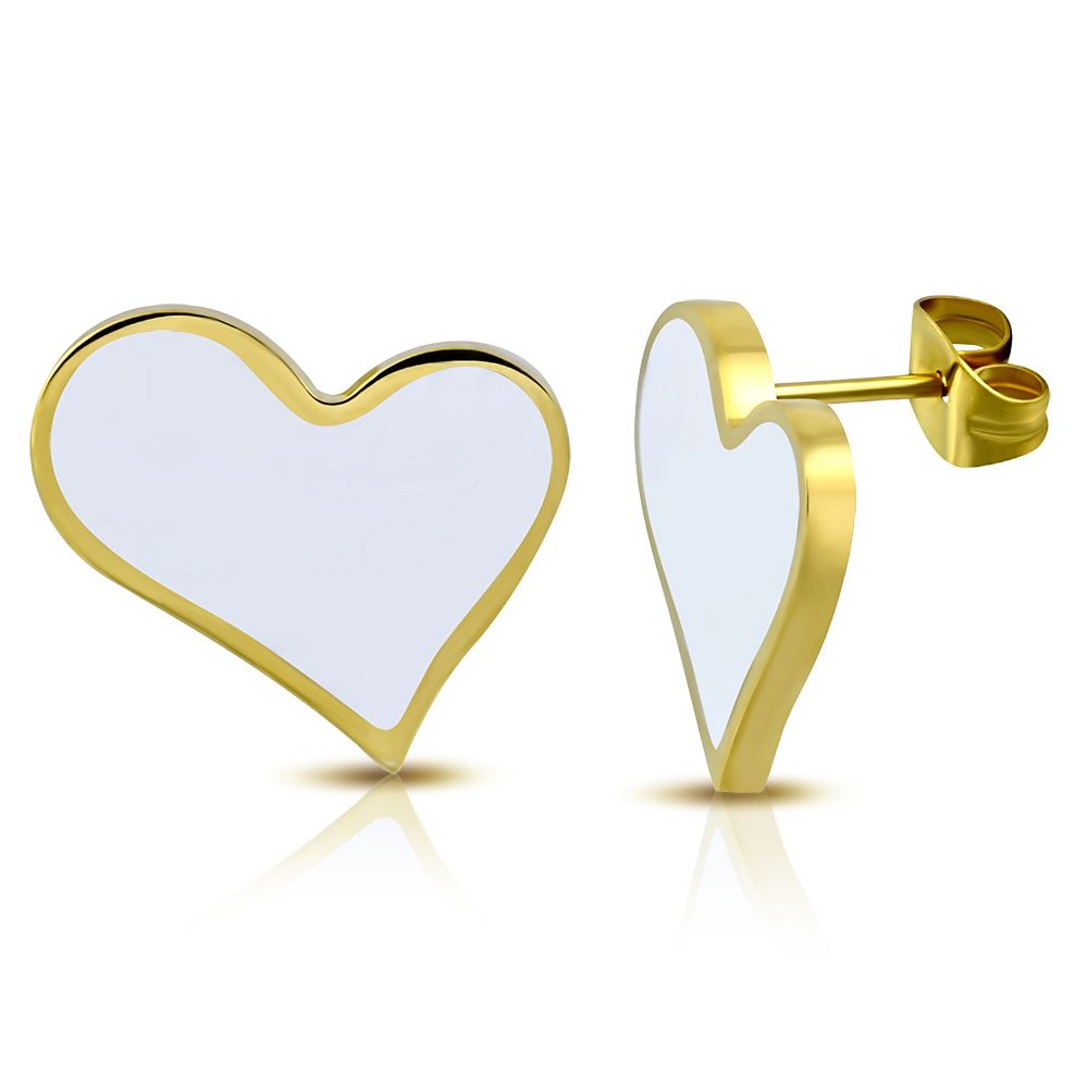 Piercing Street Paire Boucles d'oreille acier inoxydable doré coeur émaillé blanc - Doré