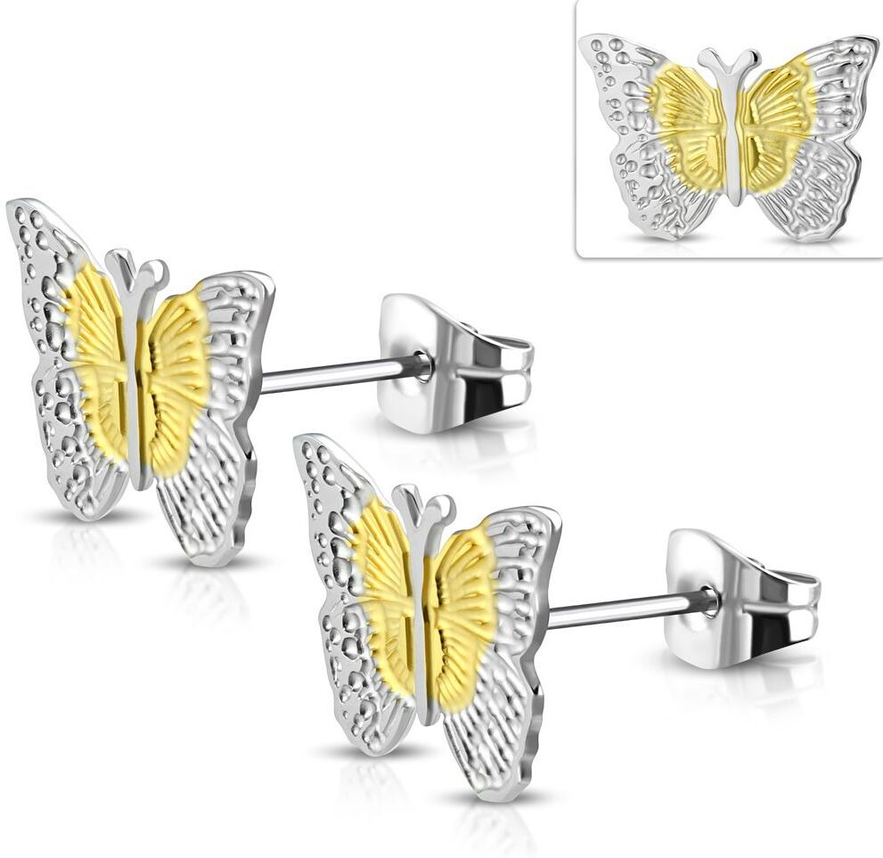 Piercing Street Paire Boucles d'oreille acier inoxydable papillon deux tons lignes - Argenté