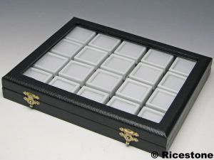 Ricestone 1) Coffret vitré pour 20x boîtes à gemmes, dessus verre 3x3.