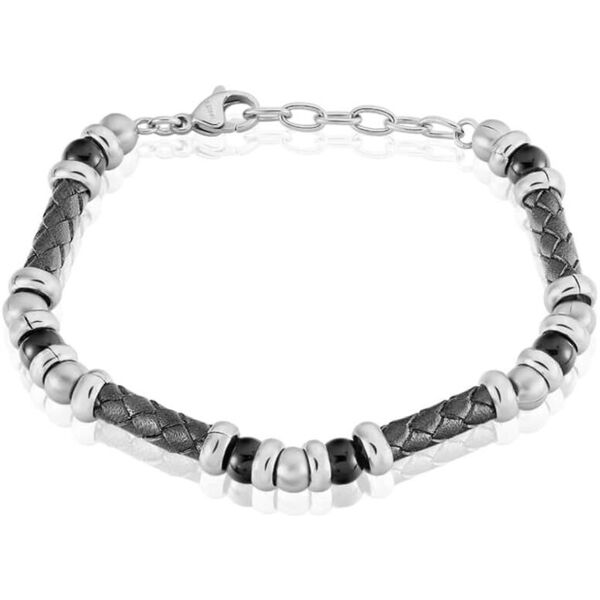 stroili bracciale in acciaio. pelle grigia e pietre nere collezione: man code grigio