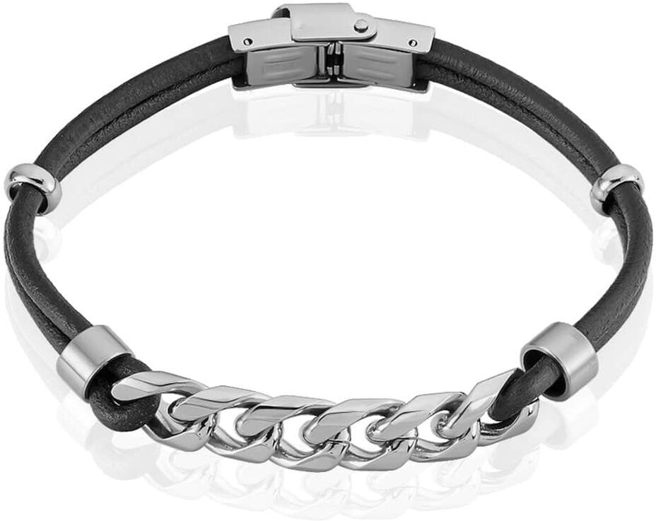 Stroili Bracciale in acciaio e pelle nera Collezione: Man Code