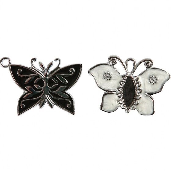 Creotime vlinderbedels 20 x 26 mm 4 stuks zwart/wit - Zwart,Wit