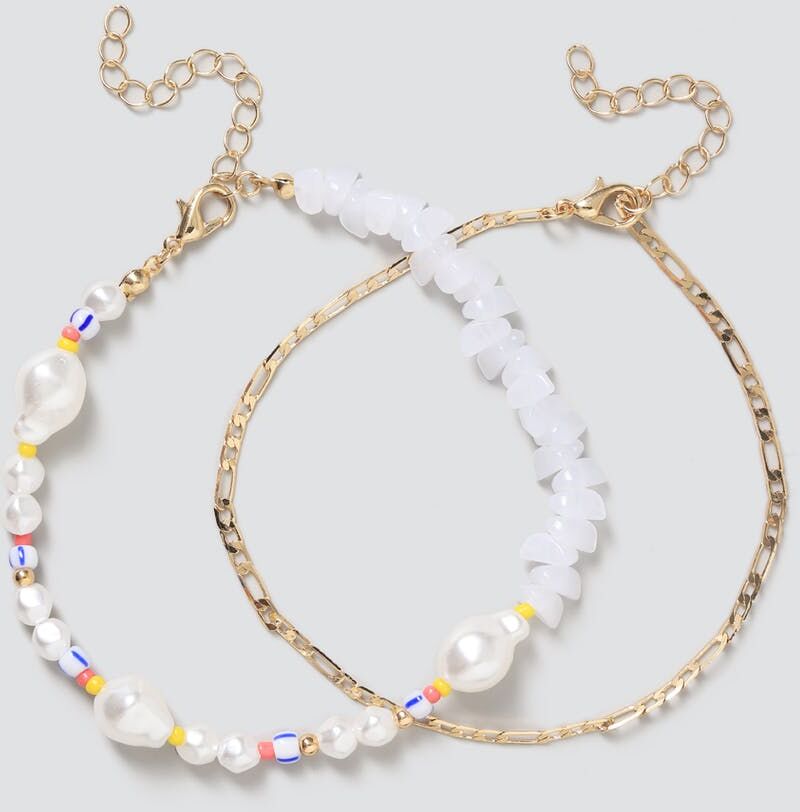 Gina Tricot Pearl & Bead Mixed Anklet Pack one size  Cream