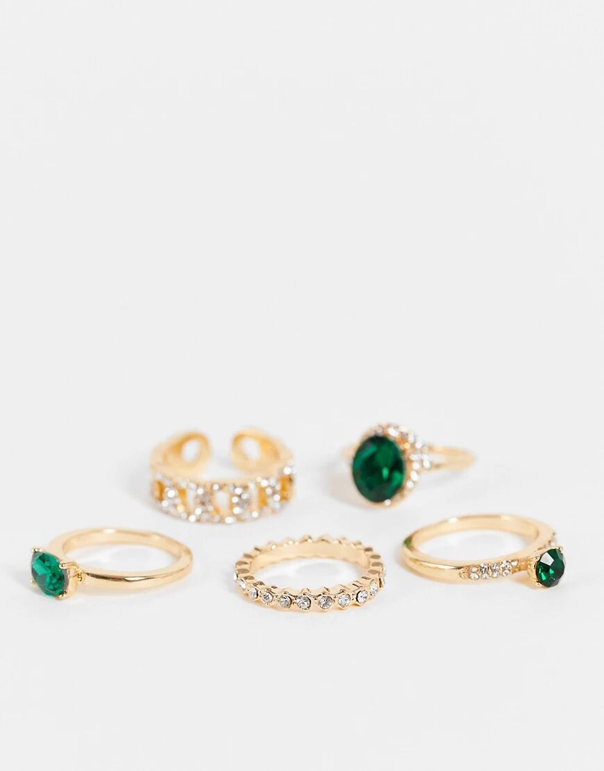 ALDO Crohatlan pack of 5 rings in gold and emerald green  Gold