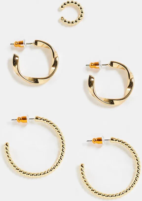 ASOS DESIGN 14k gold plated pack of 2 earrings and single ear cuff in texture  Gold