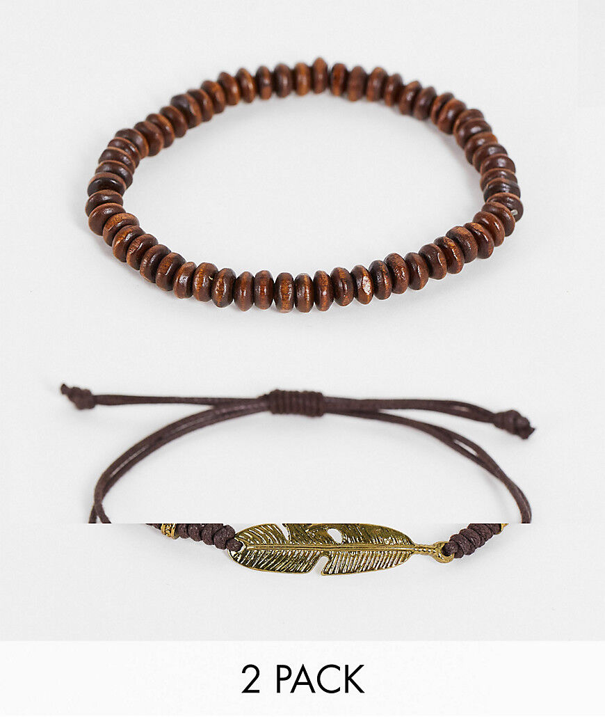 ASOS DESIGN 2 pack beaded bracelet set in brown with feather-Black  Black