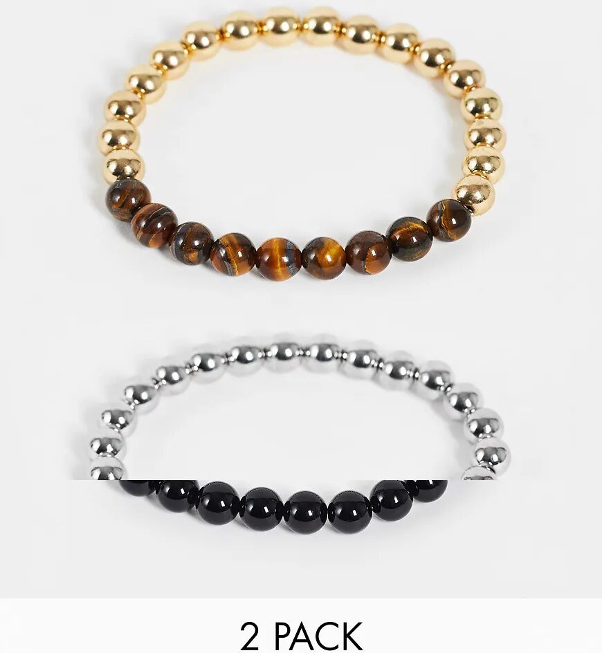 ASOS DESIGN 2 pack beaded bracelet set with metal and semi precious stone-Multi  Multi