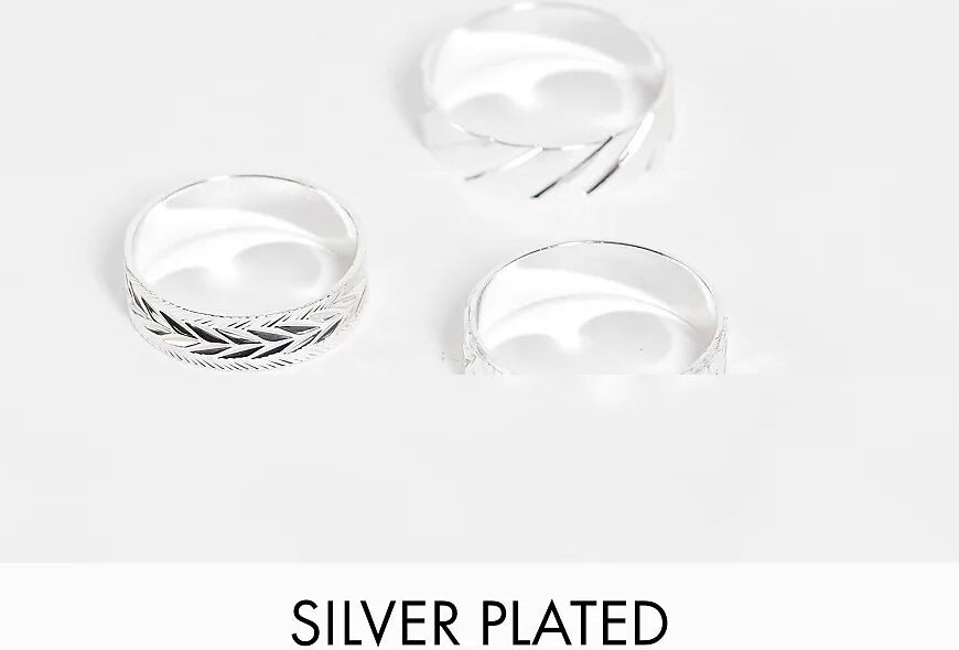 ASOS DESIGN 3 pack band ring set with cut work in real silver plate  Silver