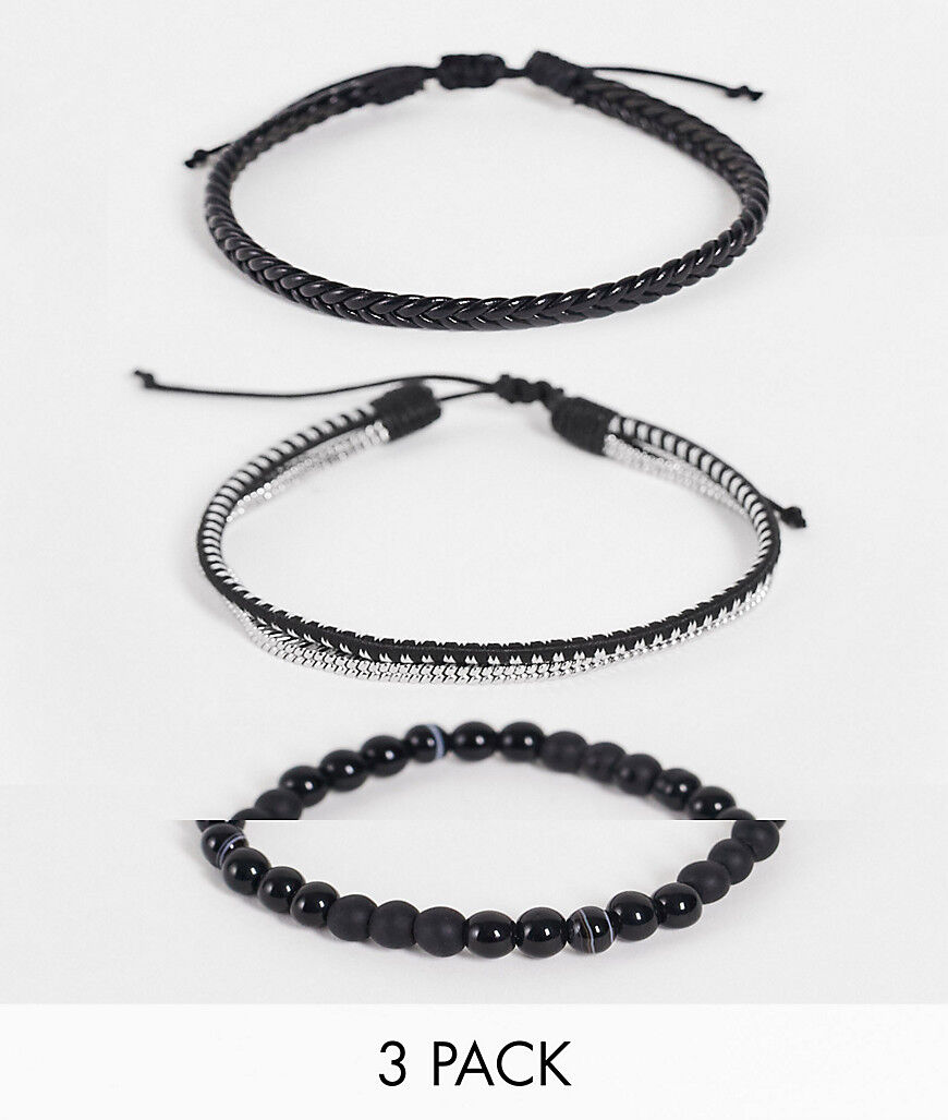 ASOS DESIGN 3 pack bead and cord bracelet set in black  Black