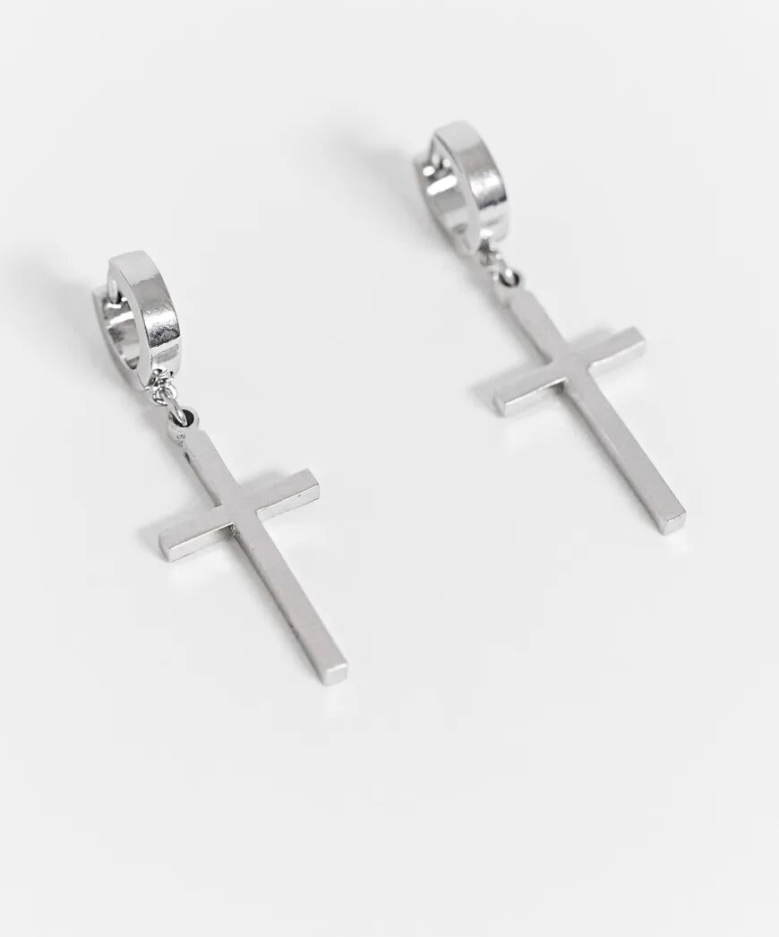 ASOS DESIGN 7mm hoop earrings with cross charms in silver tone  Silver