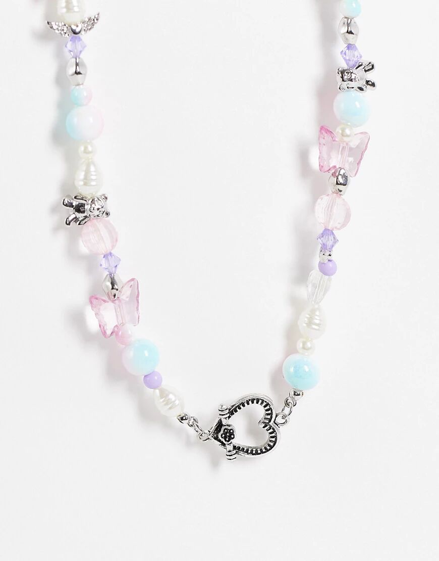 ASOS DESIGN beaded necklace with cute charms in silver tone-Multi  Multi
