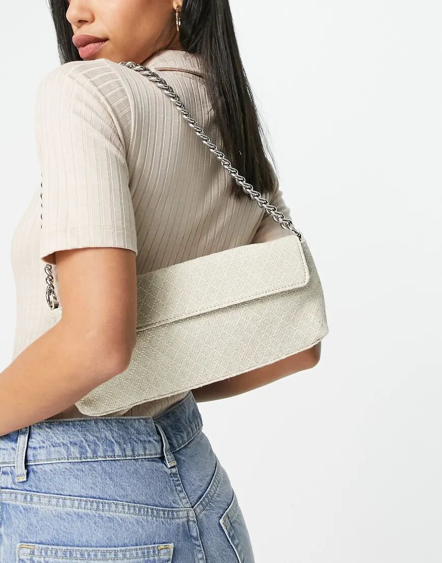 ASOS DESIGN boxy 90s shoulder bag with short flap in patterned linen mix with chain strap-Neutral  Neutral