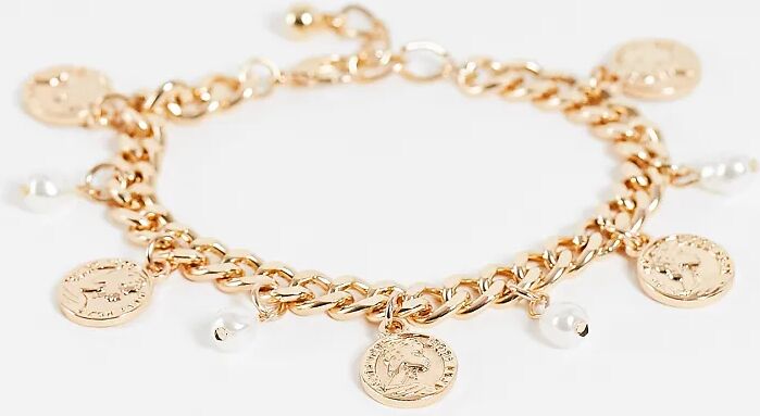 ASOS Curve ASOS DESIGN Curve chain bracelet with coin charms and pearl in gold tone  Gold