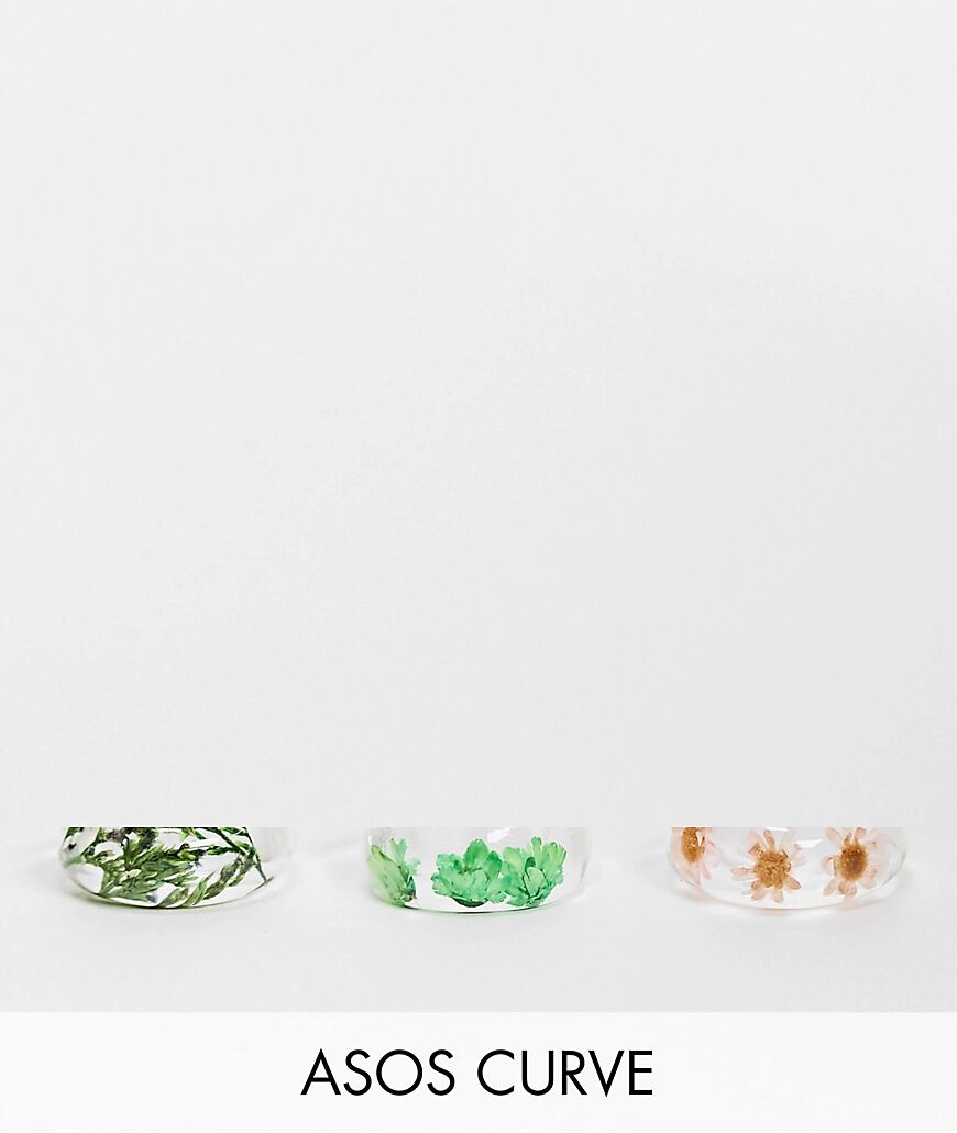 ASOS Curve ASOS DESIGN Curve pack of 3 rings with trapped flowers in clear plastic-Multi  Multi
