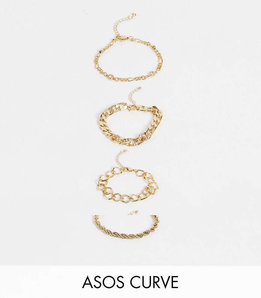 ASOS Curve ASOS DESIGN Curve pack of 4 chain bracelets with crystal in gold tone  Gold