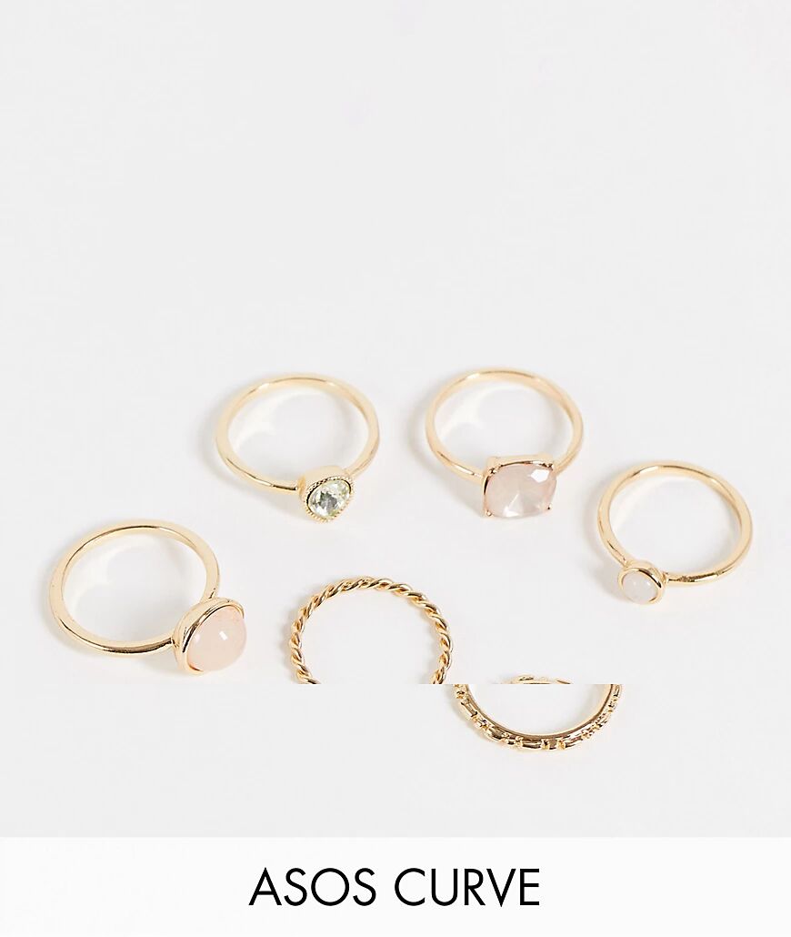 ASOS Curve ASOS DESIGN Curve pack of 6 rings with pastel coloured stones in gold tone  Gold