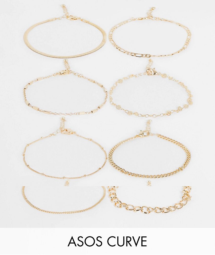 ASOS Curve ASOS DESIGN Curve pack of 8 chain bracelets in gold tone  Gold