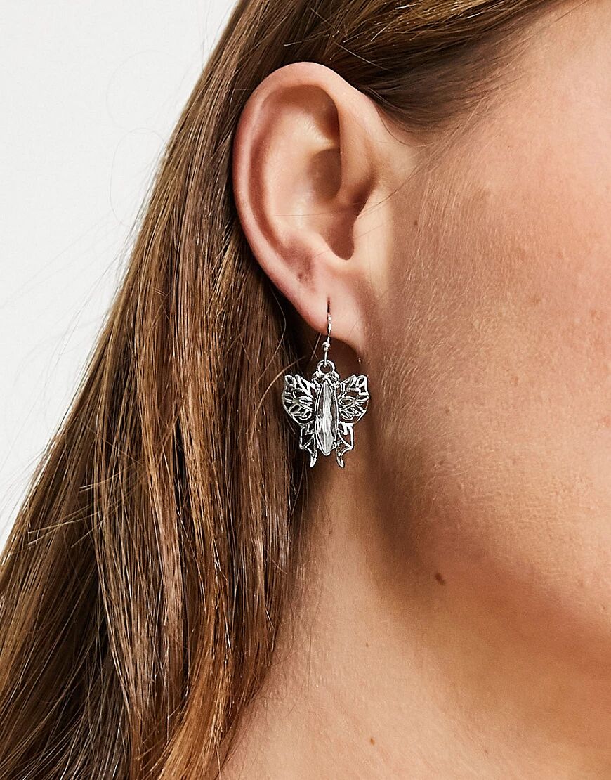 ASOS DESIGN earrings with butterfly and crystal drop-Silver  Silver