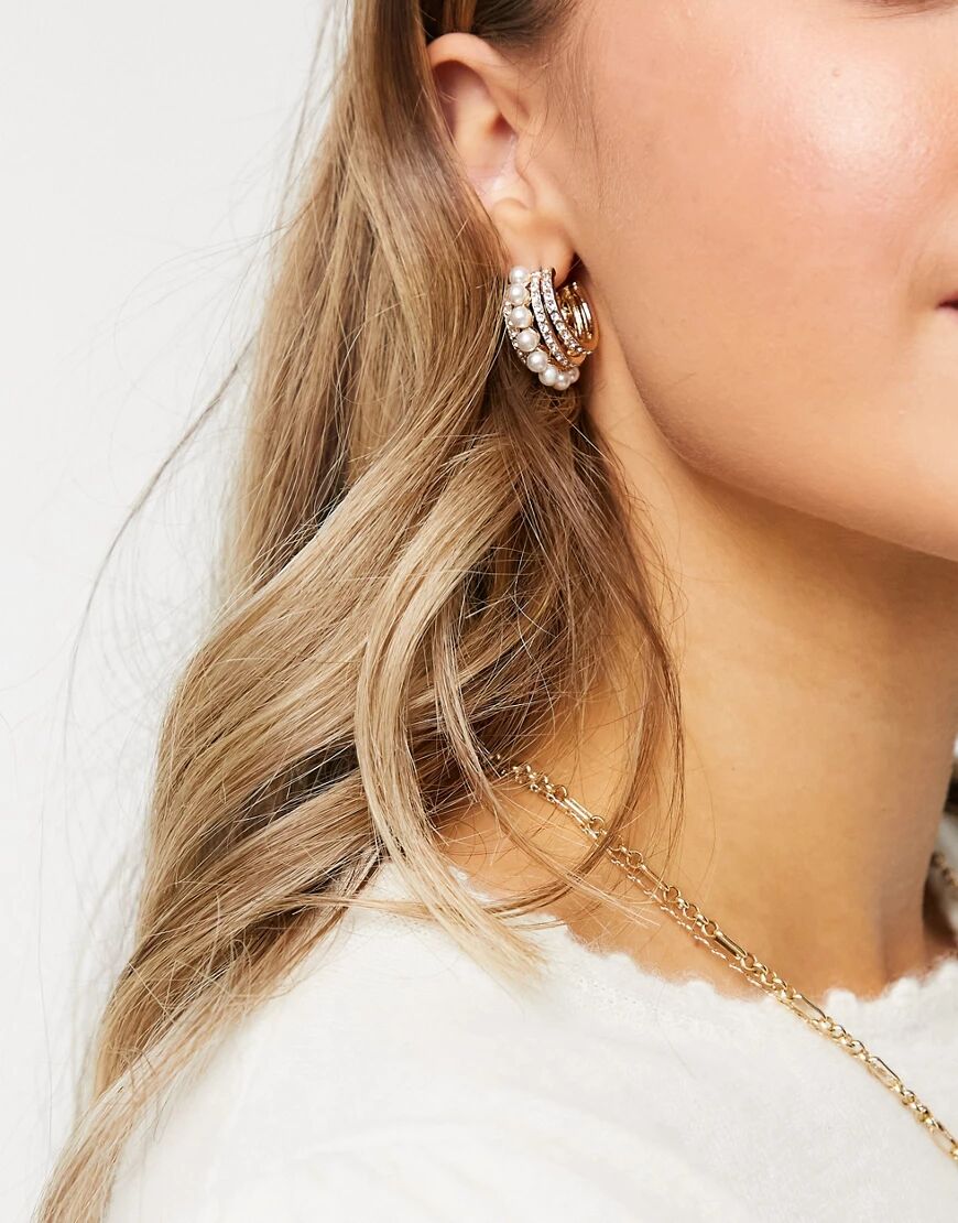 ASOS DESIGN hoop earrings with pearl row in gold tone  Gold