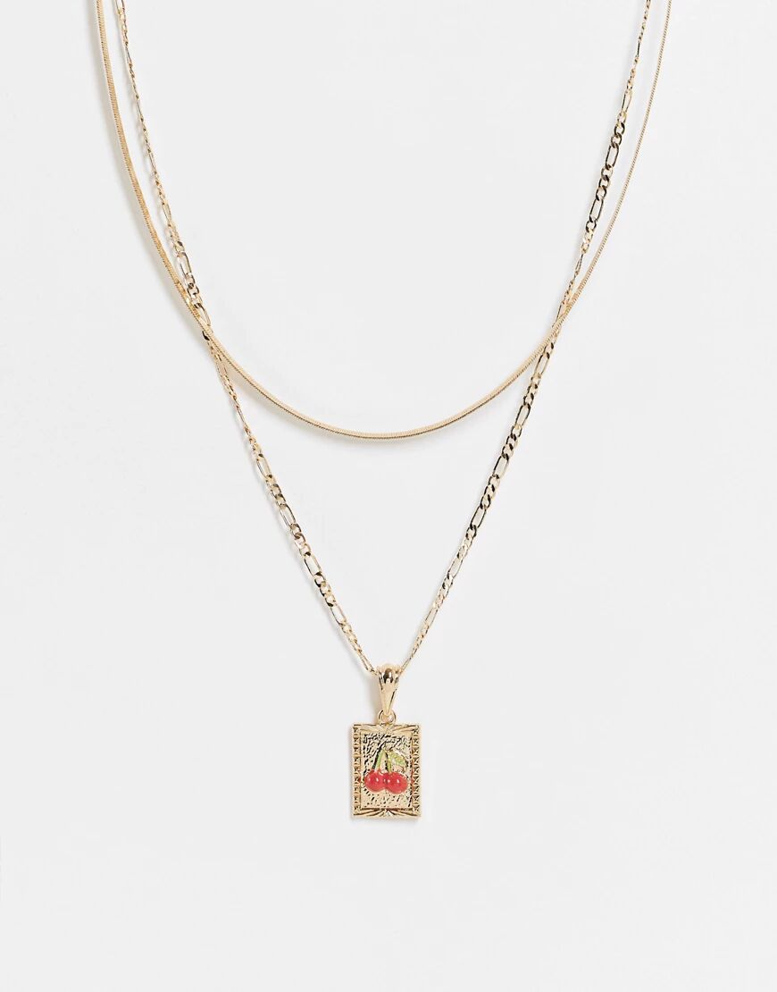 ASOS DESIGN multirow necklace with cherry tag pendant in gold tone  Gold