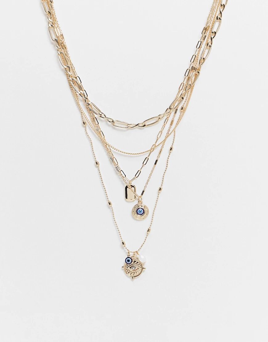 ASOS DESIGN multirow necklace with eye and vintage pendant in gold tone  Gold