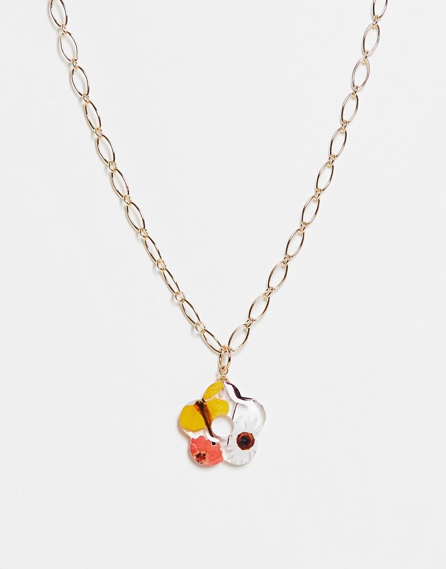 ASOS DESIGN necklace with trapped flower shape pendant in gold tone  Gold