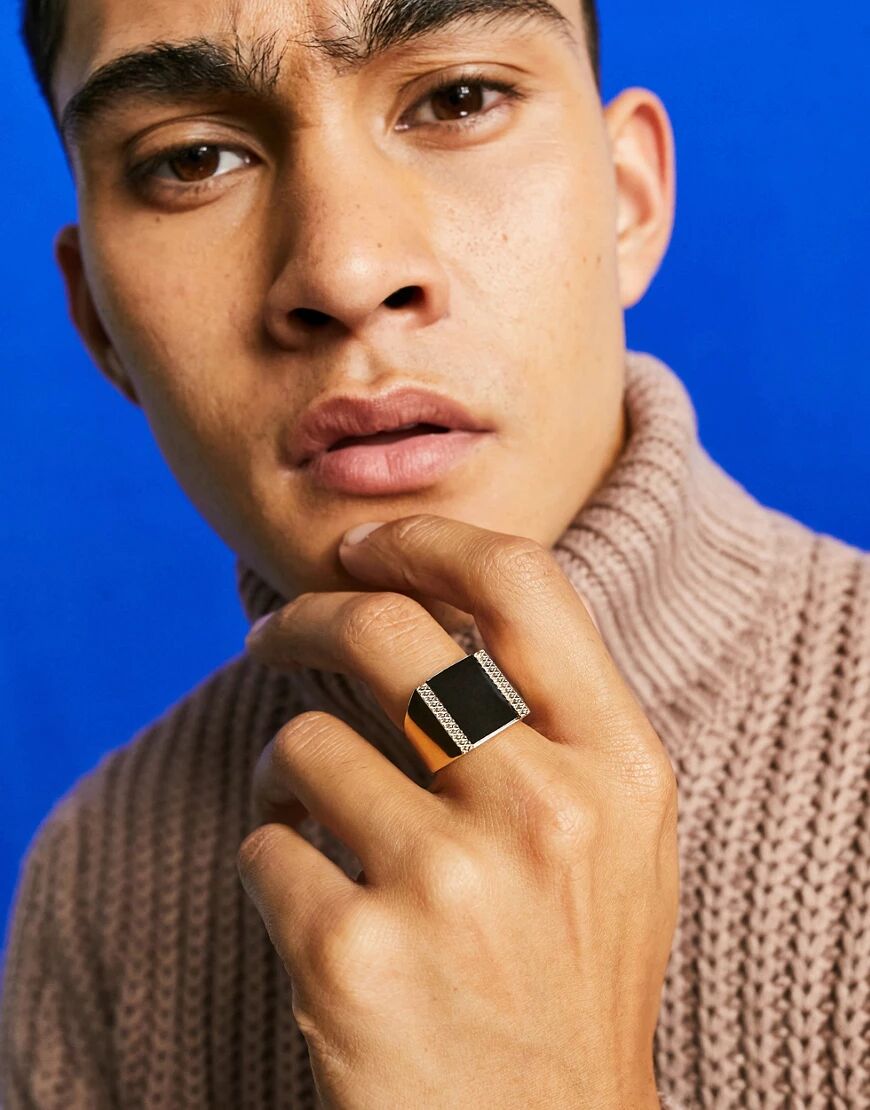 ASOS DESIGN oversized signet ring with black agate stone in gold tone  Gold