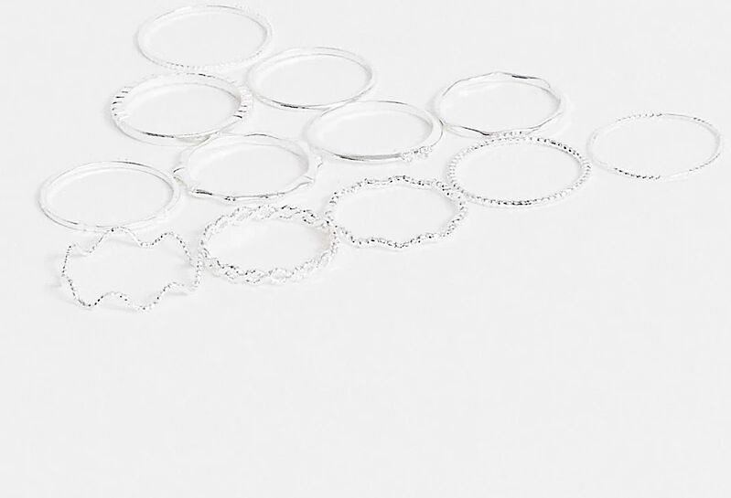 ASOS DESIGN pack of 12 rings with twist details and engraved designs in silver tone  Silver