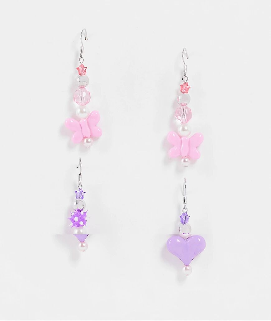ASOS DESIGN pack of 2 earrings with puff heart and butterfly beads in silver tone  Silver