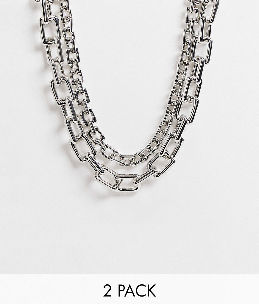 ASOS DESIGN pack of 2 necklaces in square link chain in silver tone  Silver