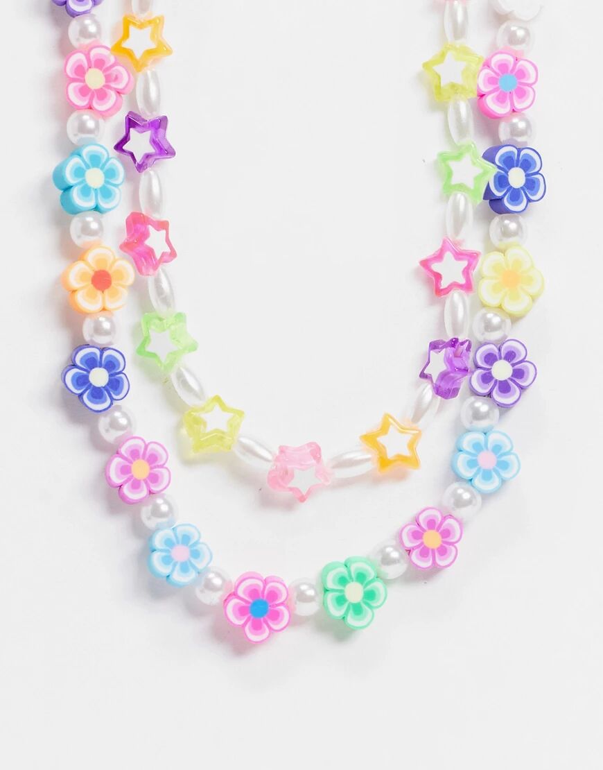 ASOS DESIGN pack of 2 necklaces with star flower and pearl bead-Multi  Multi
