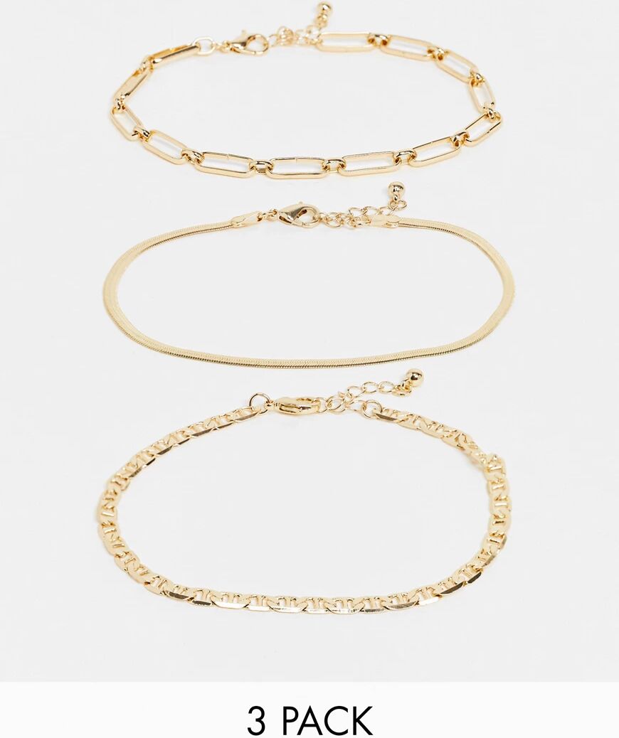 ASOS DESIGN pack of 3 anklets in mixed link and herringbone chains in gold tone  Gold