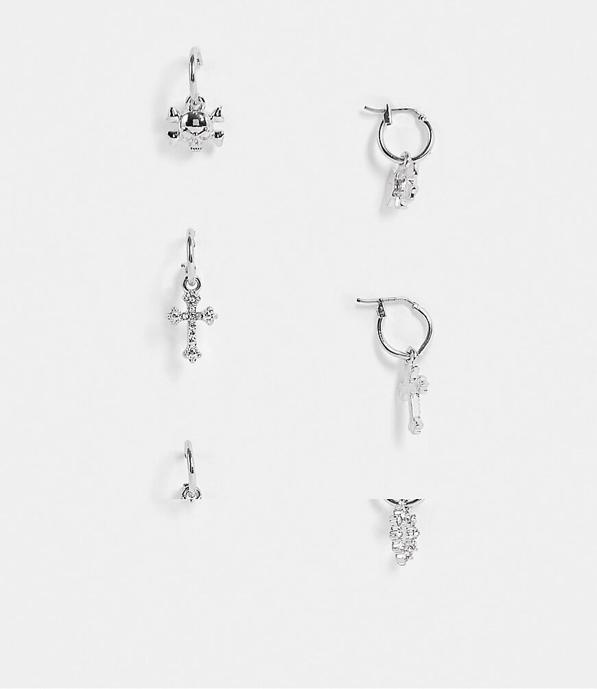 ASOS DESIGN pack of 3 hoop earrings with skull cross and heart charms in silver tone  Silver