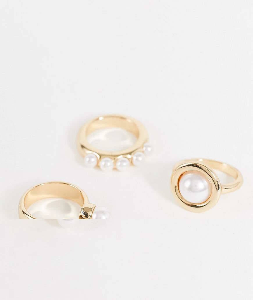 ASOS DESIGN pack of 3 rings with pearls in gold tone  Gold