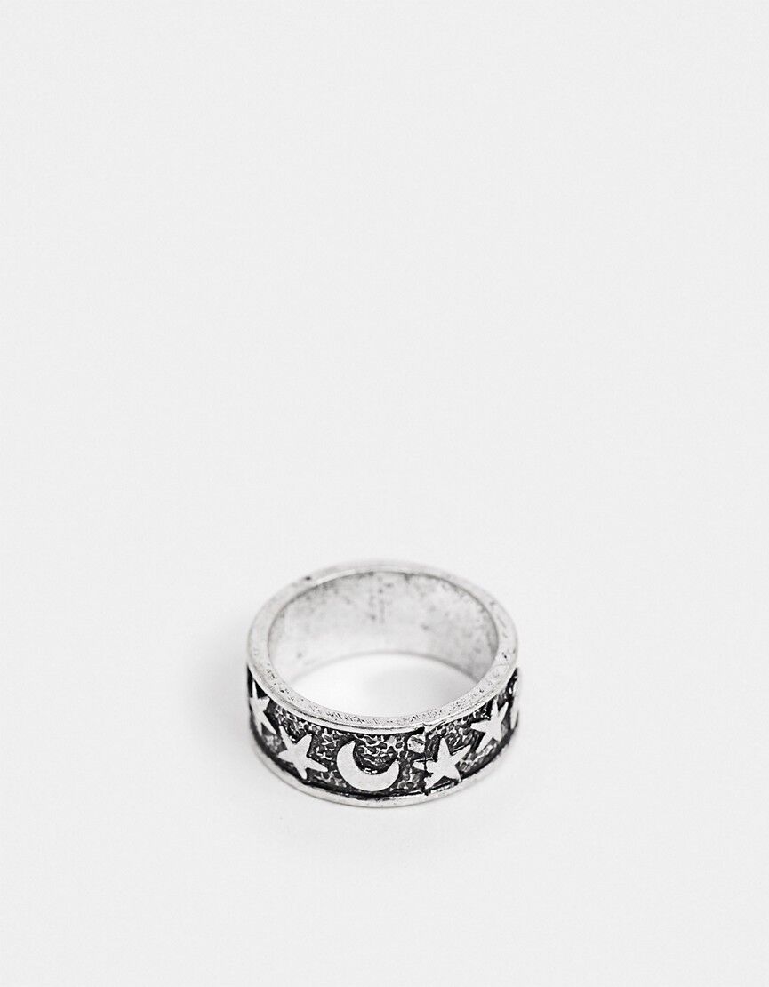 ASOS DESIGN ring with star and moon detail in burnished silver tone  Silver