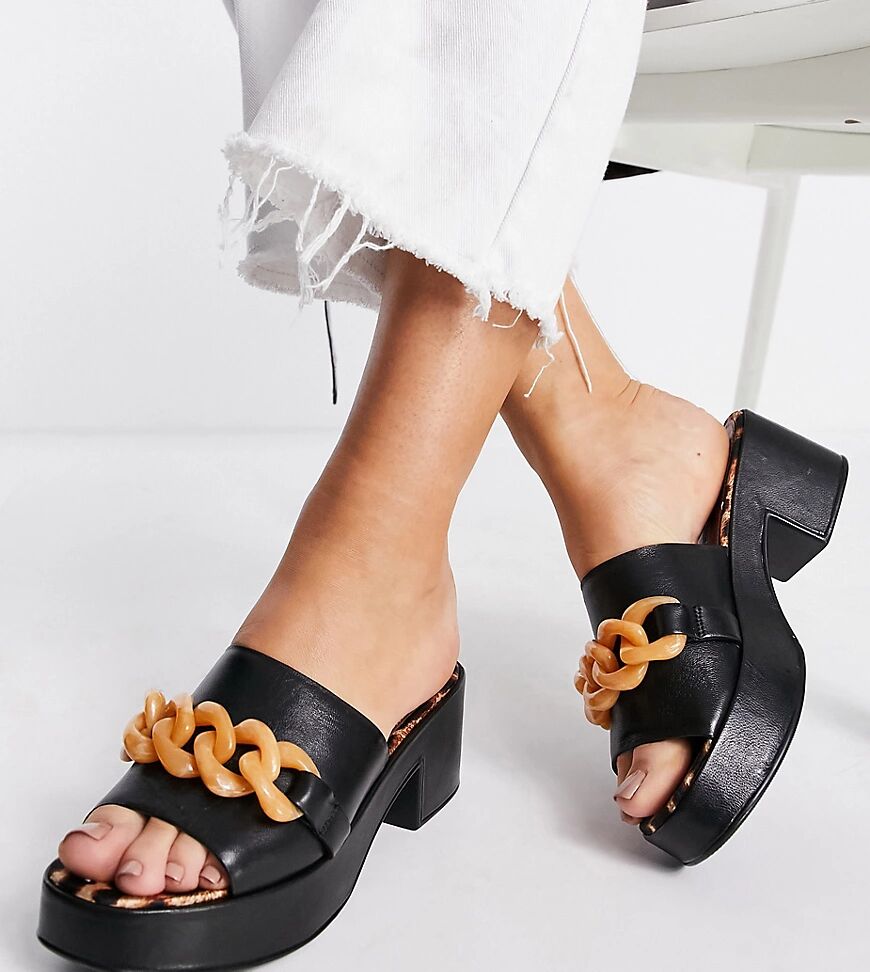 ASOS DESIGN Wide Fit Heidi premium leather chain detail platform mid heeled sandals in black  Black