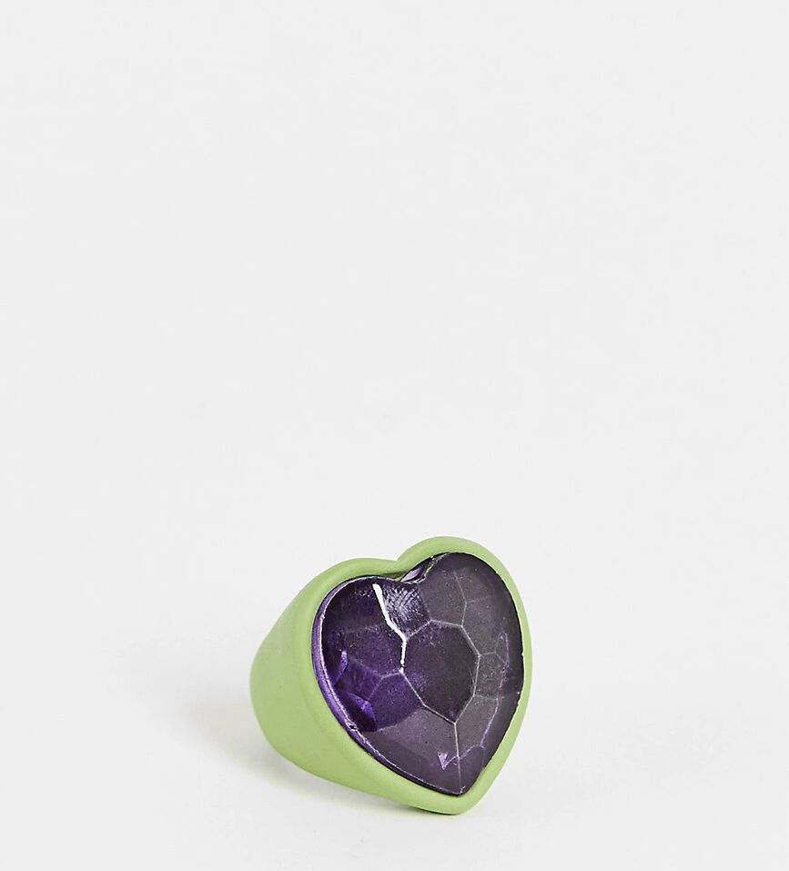 Big Metal London Exclusive coated metal heart ring with crystal in green  Green